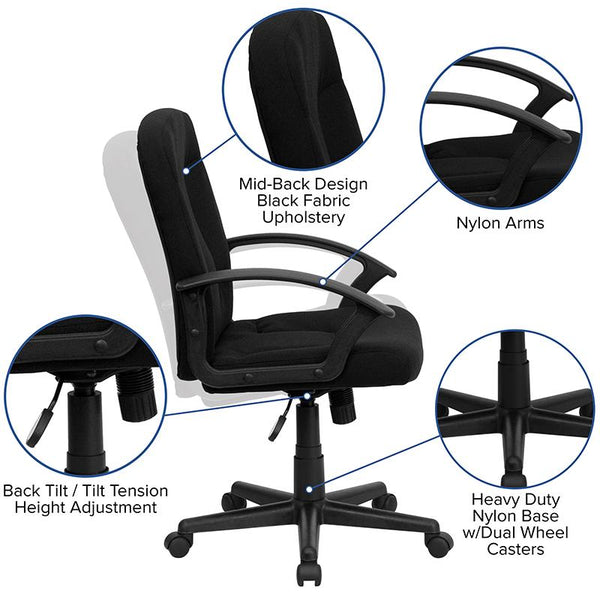 Flash Furniture Mid-Back Black Fabric Executive Swivel Chair with Nylon Arms - GO-ST-6-BK-GG