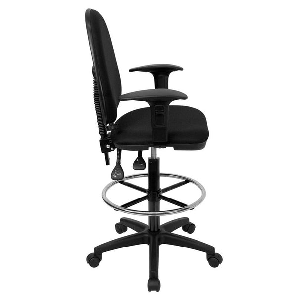 Flash Furniture Mid-Back Black Fabric Multifunction Drafting Chair with Adjustable Lumbar Support and Adjustable Arms - WL-A654MG-BK-AD-GG