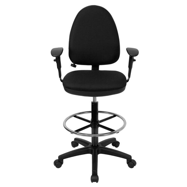 Flash Furniture Mid-Back Black Fabric Multifunction Drafting Chair with Adjustable Lumbar Support and Adjustable Arms - WL-A654MG-BK-AD-GG