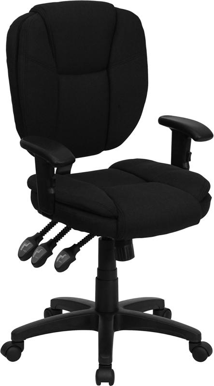 Flash Furniture Mid-Back Black Fabric Multifunction Ergonomic Swivel Task Chair with Pillow Top Cushioning and Arms - GO-930F-BK-ARMS-GG