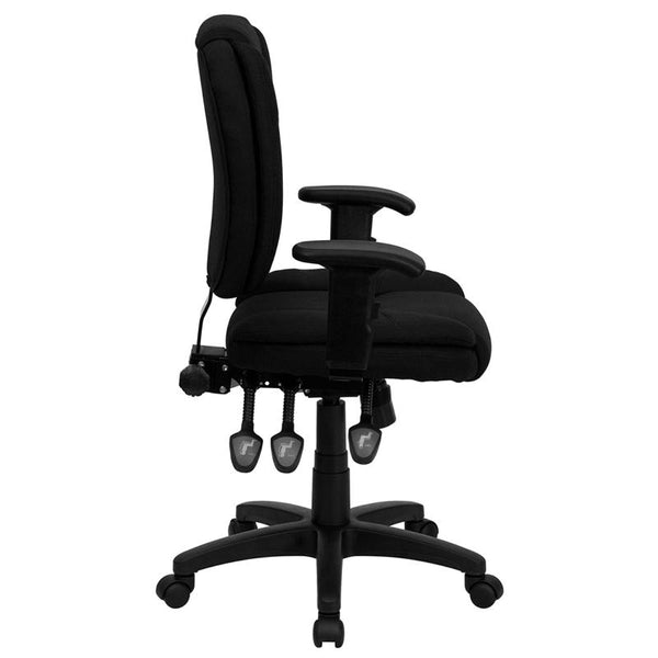 Flash Furniture Mid-Back Black Fabric Multifunction Ergonomic Swivel Task Chair with Pillow Top Cushioning and Arms - GO-930F-BK-ARMS-GG