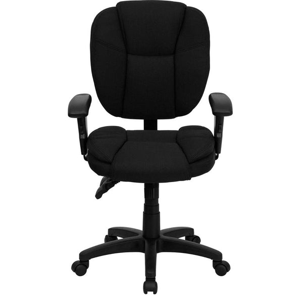 Flash Furniture Mid-Back Black Fabric Multifunction Ergonomic Swivel Task Chair with Pillow Top Cushioning and Arms - GO-930F-BK-ARMS-GG