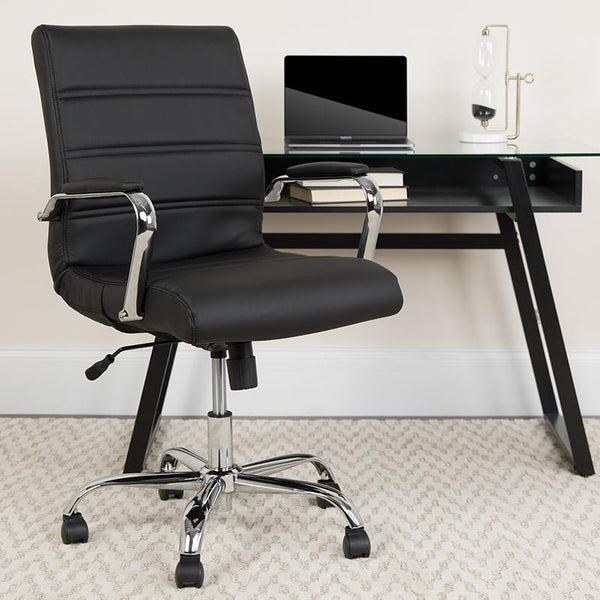 Flash Furniture Mid-Back Black Leather Executive Swivel Chair with Chrome Base and Arms - GO-2286M-BK-GG