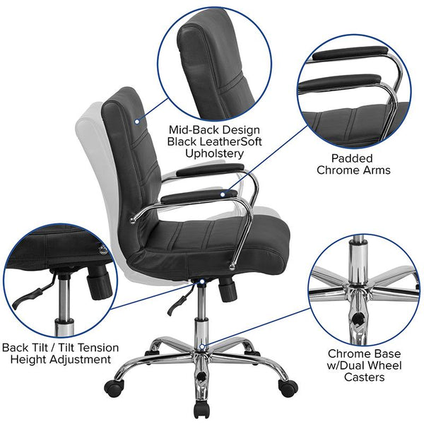 Flash Furniture Mid-Back Black Leather Executive Swivel Chair with Chrome Base and Arms - GO-2286M-BK-GG