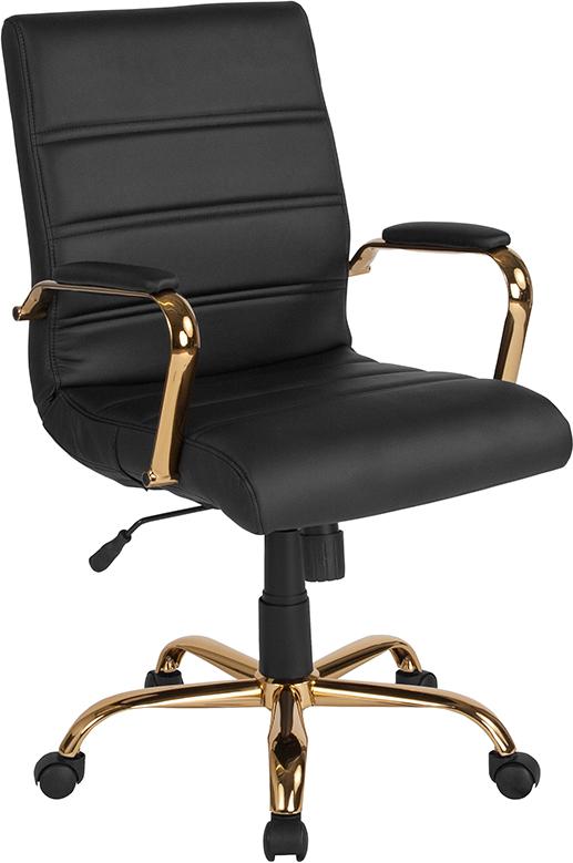 Flash Furniture Mid-Back Black Leather Executive Swivel Chair with Gold Frame and Arms - GO-2286M-BK-GLD-GG