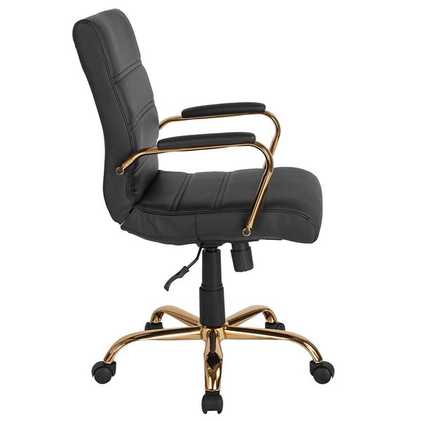 Flash Furniture Mid-Back Black Leather Executive Swivel Chair with Gold Frame and Arms - GO-2286M-BK-GLD-GG