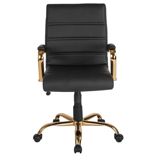 Flash Furniture Mid-Back Black Leather Executive Swivel Chair with Gold Frame and Arms - GO-2286M-BK-GLD-GG