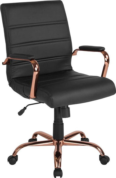 Flash Furniture Mid-Back Black Leather Executive Swivel Chair with Rose Gold Frame and Arms - GO-2286M-BK-RSGLD-GG