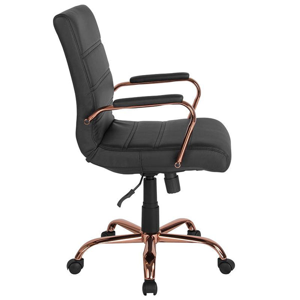 Flash Furniture Mid-Back Black Leather Executive Swivel Chair with Rose Gold Frame and Arms - GO-2286M-BK-RSGLD-GG