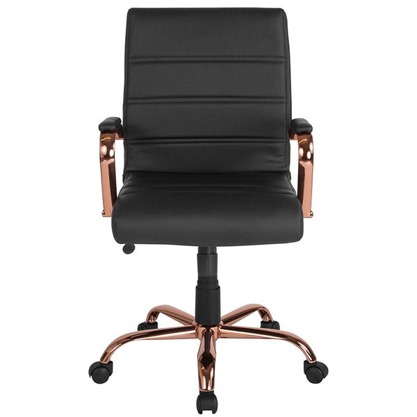 Flash Furniture Mid-Back Black Leather Executive Swivel Chair with Rose Gold Frame and Arms - GO-2286M-BK-RSGLD-GG