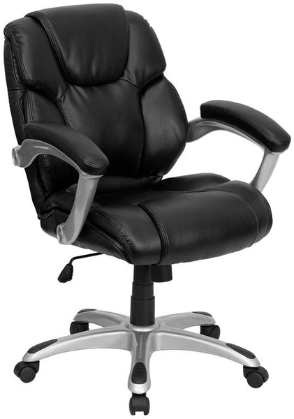 Flash Furniture Mid-Back Black Leather Layered Upholstered Executive Swivel Chair with Silver Nylon Base and Arms - GO-931H-MID-BK-GG