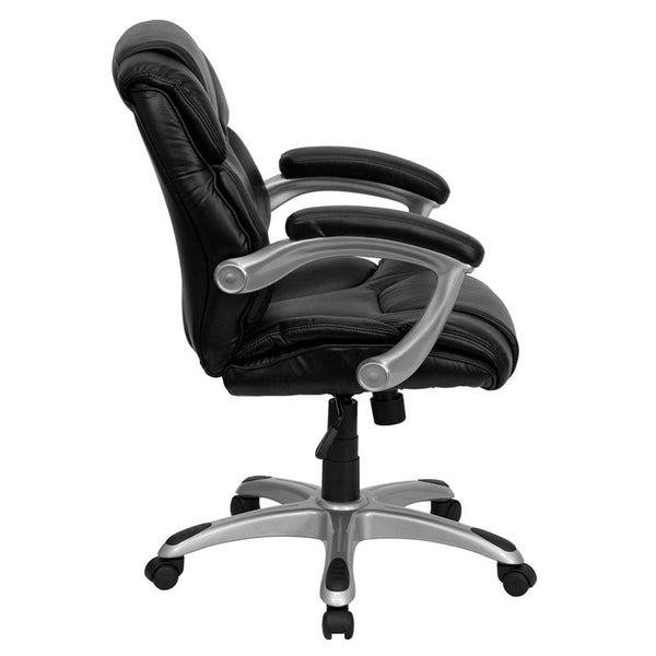 Flash Furniture Mid-Back Black Leather Layered Upholstered Executive Swivel Chair with Silver Nylon Base and Arms - GO-931H-MID-BK-GG