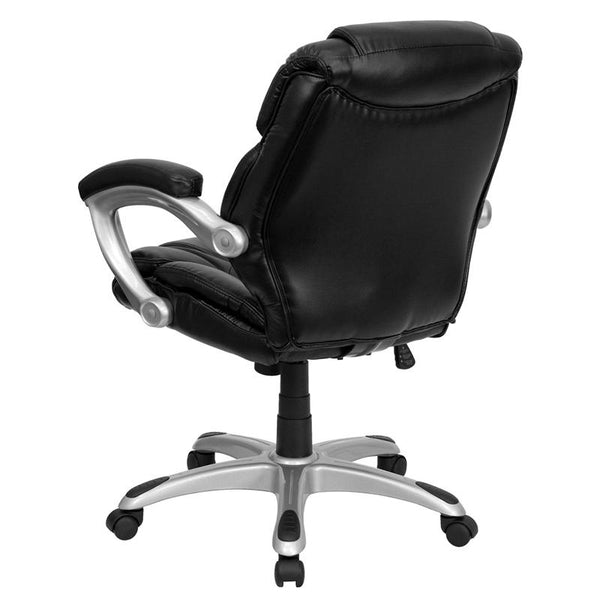 Flash Furniture Mid-Back Black Leather Layered Upholstered Executive Swivel Chair with Silver Nylon Base and Arms - GO-931H-MID-BK-GG