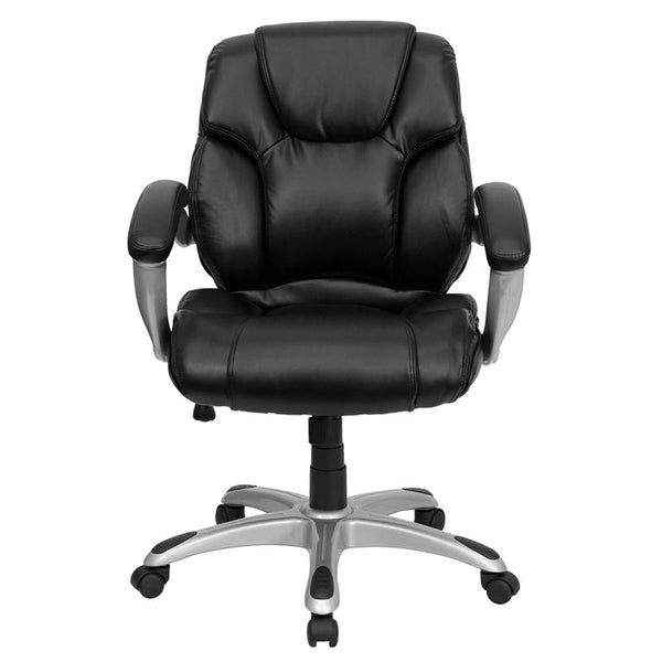 Flash Furniture Mid-Back Black Leather Layered Upholstered Executive Swivel Chair with Silver Nylon Base and Arms - GO-931H-MID-BK-GG