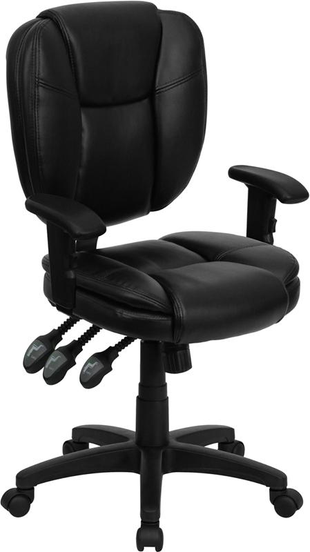 Flash Furniture Mid-Back Black Leather Multifunction Ergonomic Swivel Task Chair with Pillow Top Cushioning and Arms - GO-930F-BK-LEA-ARMS-GG