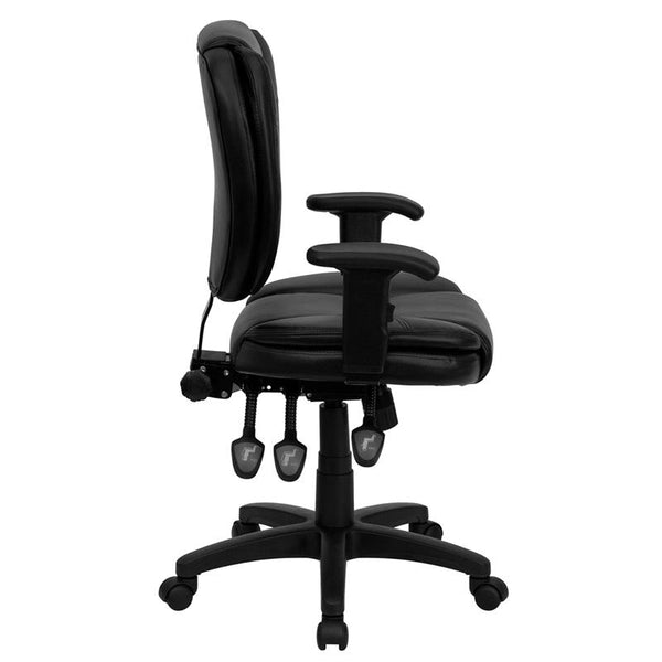 Flash Furniture Mid-Back Black Leather Multifunction Ergonomic Swivel Task Chair with Pillow Top Cushioning and Arms - GO-930F-BK-LEA-ARMS-GG