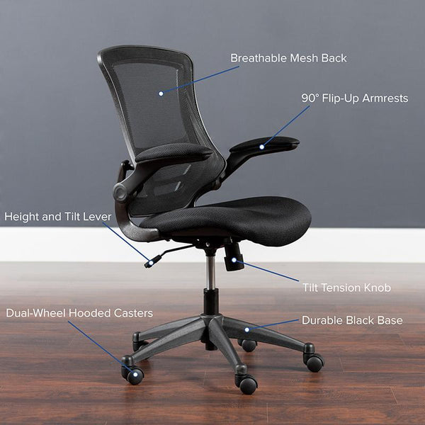 Flash Furniture Mid-Back Black Mesh Swivel Task Chair with Flip-Up Arms - BL-X-5M-BK-GG
