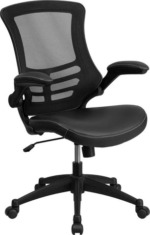 Flash Furniture Mid-Back Black Mesh Swivel Task Chair with Leather Seat and Flip-Up Arms - BL-X-5M-LEA-GG