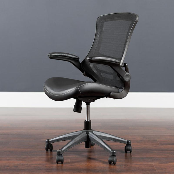 Flash Furniture Mid-Back Black Mesh Swivel Task Chair with Leather Seat and Flip-Up Arms - BL-X-5M-LEA-GG