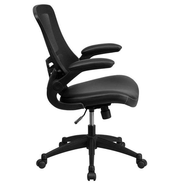 Flash Furniture Mid-Back Black Mesh Swivel Task Chair with Leather Seat and Flip-Up Arms - BL-X-5M-LEA-GG