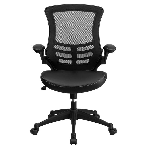 Flash Furniture Mid-Back Black Mesh Swivel Task Chair with Leather Seat and Flip-Up Arms - BL-X-5M-LEA-GG