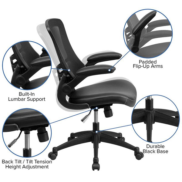 Flash Furniture Mid-Back Black Mesh Swivel Task Chair with Leather Seat and Flip-Up Arms - BL-X-5M-LEA-GG