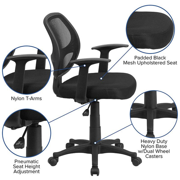 Flash Furniture Mid-Back Black Mesh Swivel Task Chair with T-Arms - LF-W-118A-BK-GG