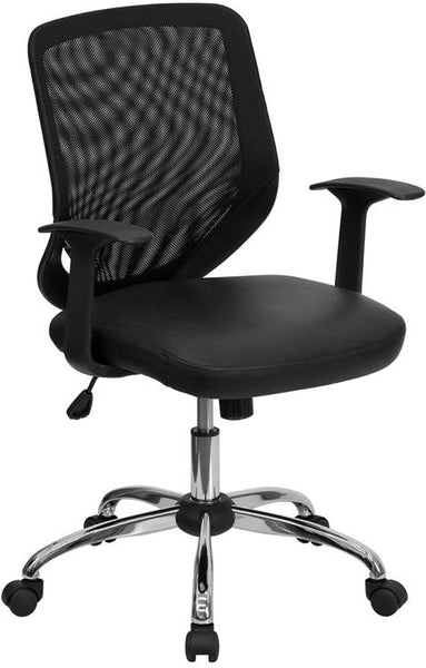 Flash Furniture Mid-Back Black Mesh Tapered Back Swivel Task Chair with Leather Seat, Chrome Base and T-Arms - LF-W95-LEA-BK-GG