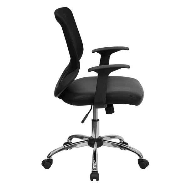 Flash Furniture Mid-Back Black Mesh Tapered Back Swivel Task Chair with Leather Seat, Chrome Base and T-Arms - LF-W95-LEA-BK-GG