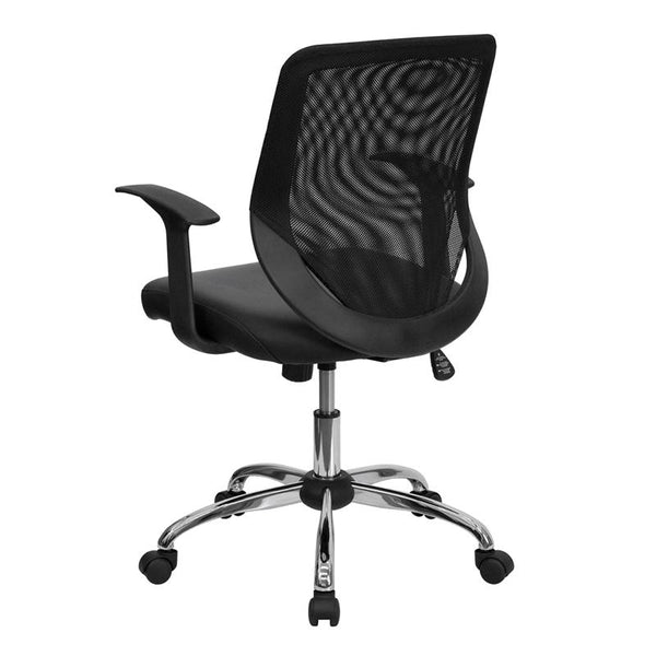 Flash Furniture Mid-Back Black Mesh Tapered Back Swivel Task Chair with Leather Seat, Chrome Base and T-Arms - LF-W95-LEA-BK-GG