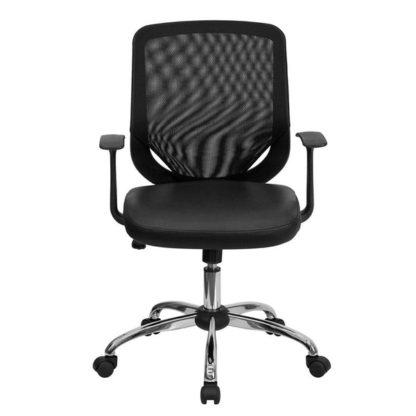 Flash Furniture Mid-Back Black Mesh Tapered Back Swivel Task Chair with Leather Seat, Chrome Base and T-Arms - LF-W95-LEA-BK-GG