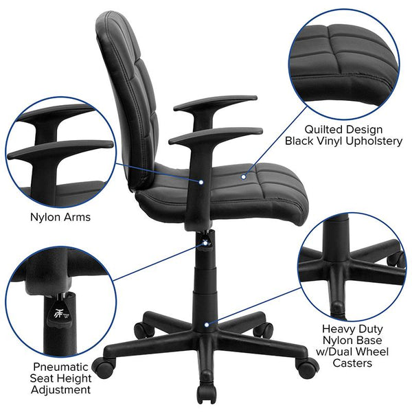 Flash Furniture Mid-Back Black Quilted Vinyl Swivel Task Chair with Arms - GO-1691-1-BK-A-GG