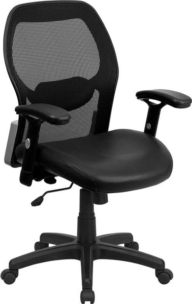 Flash Furniture Mid-Back Black Super Mesh Executive Swivel Chair with Leather Seat and Adjustable Arms, black bonded leather - LF-W42B-L-GG