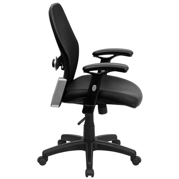 Flash Furniture Mid-Back Black Super Mesh Executive Swivel Chair with Leather Seat and Adjustable Arms, black bonded leather - LF-W42B-L-GG