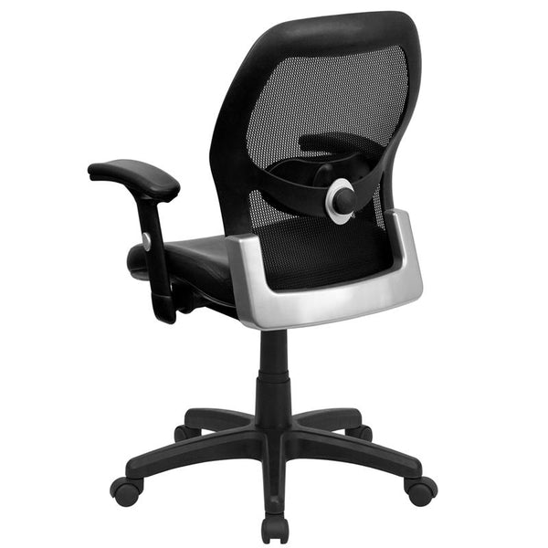 Flash Furniture Mid-Back Black Super Mesh Executive Swivel Chair with Leather Seat and Adjustable Arms, black bonded leather - LF-W42B-L-GG