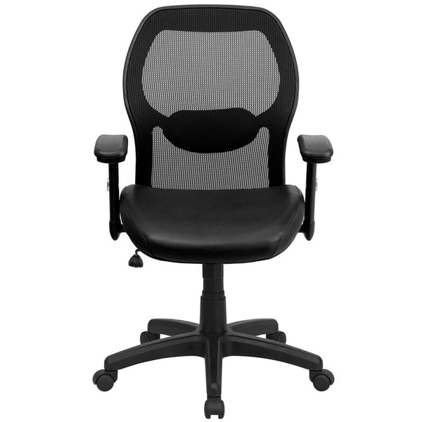 Flash Furniture Mid-Back Black Super Mesh Executive Swivel Chair with Leather Seat and Adjustable Arms, black bonded leather - LF-W42B-L-GG