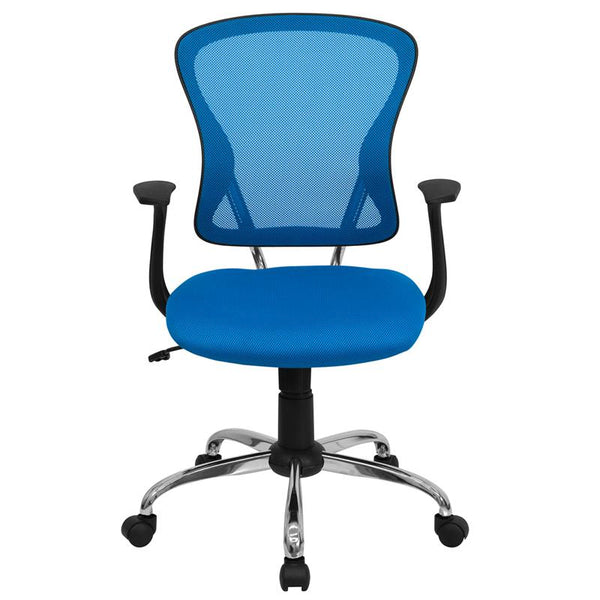 Flash Furniture Mid-Back Blue Mesh Swivel Task Chair with Chrome Base and Arms - H-8369F-BL-GG