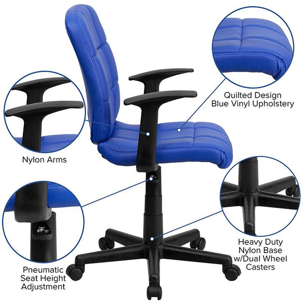 Flash Furniture Mid-Back Blue Quilted Vinyl Swivel Task Chair with Arms - GO-1691-1-BLUE-A-GG