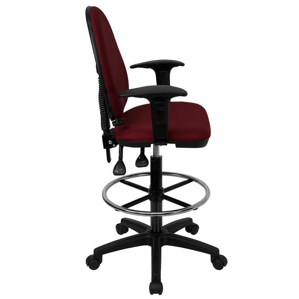 Flash Furniture Mid-Back Burgundy Fabric Multifunction Drafting Chair with Adjustable Lumbar Support and Adjustable Arms - WL-A654MG-BY-AD-GG