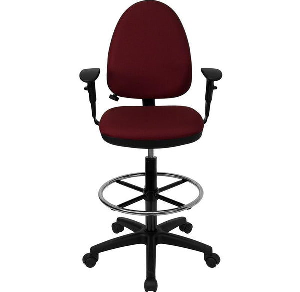 Flash Furniture Mid-Back Burgundy Fabric Multifunction Drafting Chair with Adjustable Lumbar Support and Adjustable Arms - WL-A654MG-BY-AD-GG