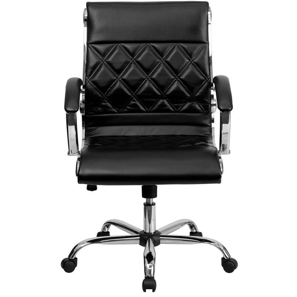 Flash Furniture Mid-Back Designer Black Leather Executive Swivel Chair with Chrome Base and Arms - GO-1297M-MID-BK-GG