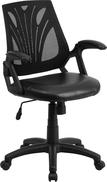 Flash Furniture Mid-Back Designer Black Mesh Swivel Task Chair with Leather Seat and Open Arms - GO-WY-82-LEA-GG