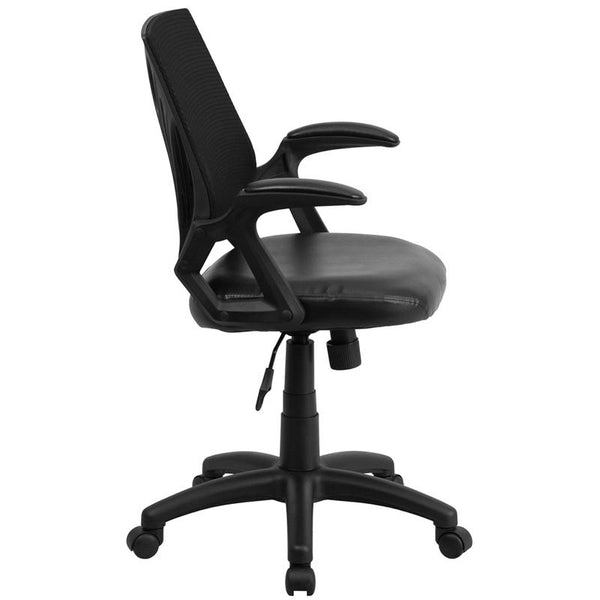 Flash Furniture Mid-Back Designer Black Mesh Swivel Task Chair with Leather Seat and Open Arms - GO-WY-82-LEA-GG