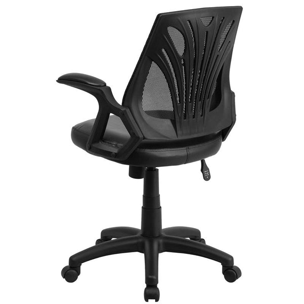 Flash Furniture Mid-Back Designer Black Mesh Swivel Task Chair with Leather Seat and Open Arms - GO-WY-82-LEA-GG