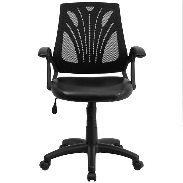 Flash Furniture Mid-Back Designer Black Mesh Swivel Task Chair with Leather Seat and Open Arms - GO-WY-82-LEA-GG