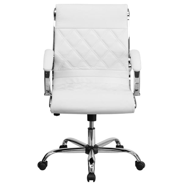 Flash Furniture Mid-Back Designer White Leather Executive Swivel Chair with Chrome Base and Arms - GO-1297M-MID-WHITE-GG