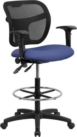 Flash Furniture Mid-Back Navy Blue Mesh Drafting Chair with Back Height Adjustment and Adjustable Arms - WL-A7671SYG-NVY-AD-GG