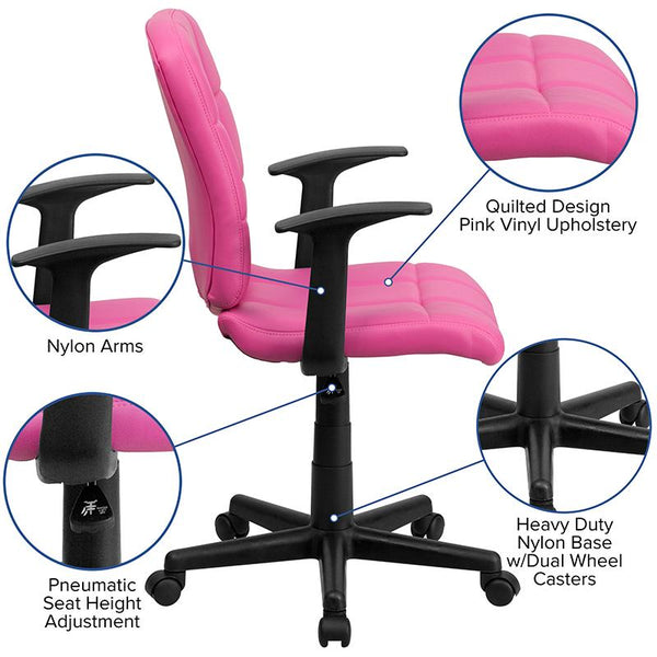 Flash Furniture Mid-Back Pink Quilted Vinyl Swivel Task Chair with Arms - GO-1691-1-PINK-A-GG