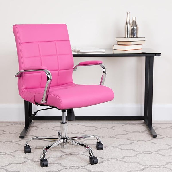 Flash Furniture Mid-Back Pink Vinyl Executive Swivel Chair with Chrome Base and Arms - GO-2240-PK-GG