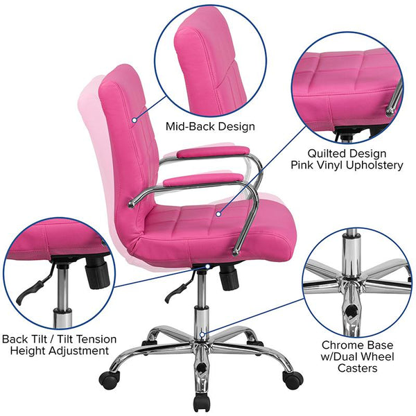 Flash Furniture Mid-Back Pink Vinyl Executive Swivel Chair with Chrome Base and Arms - GO-2240-PK-GG